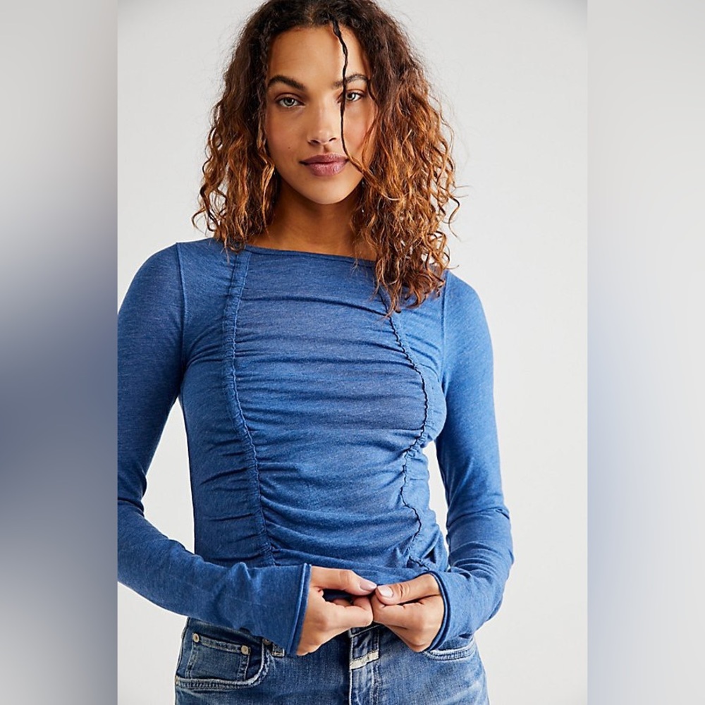 NEW Free People We The Free Stella Long Sleeve Tee Smokey Sapphire Blue Large - Picture 1 of 4